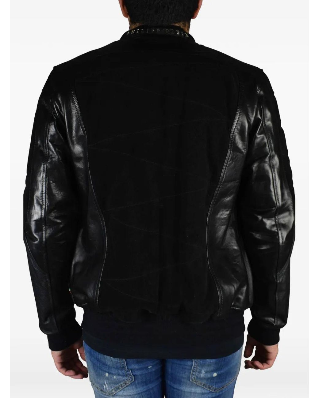 Philipp Plein Black Leather Bomber Jacket With Suede Inserts for men