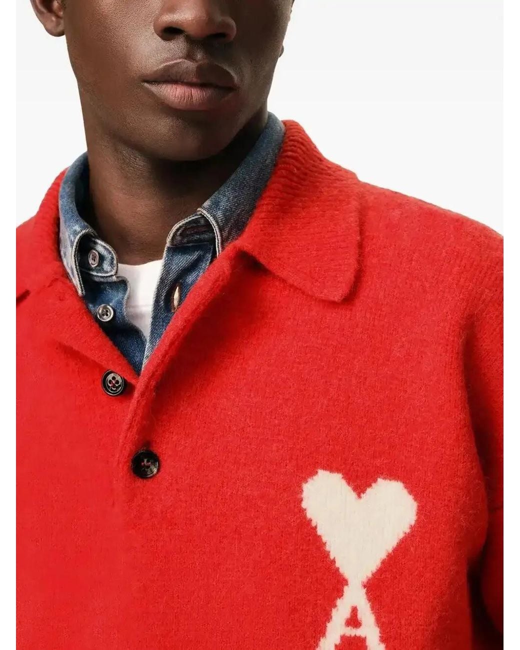 AMI Red Holiday Capsule Intarsia Polo Sweater