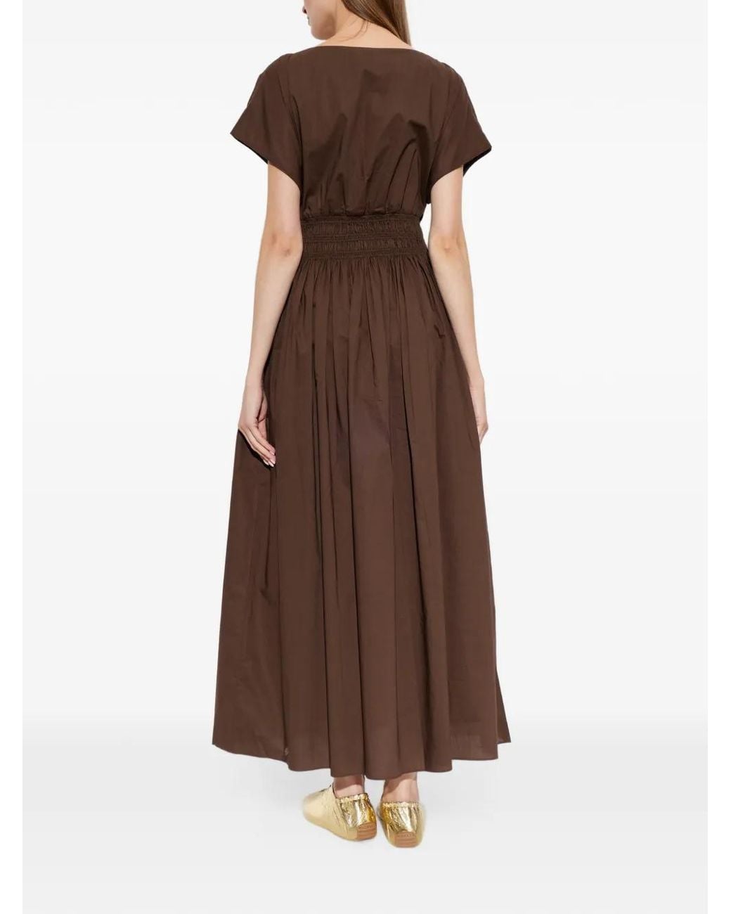 Matteau Brown Shirred-Waist Cotton Midi Dress