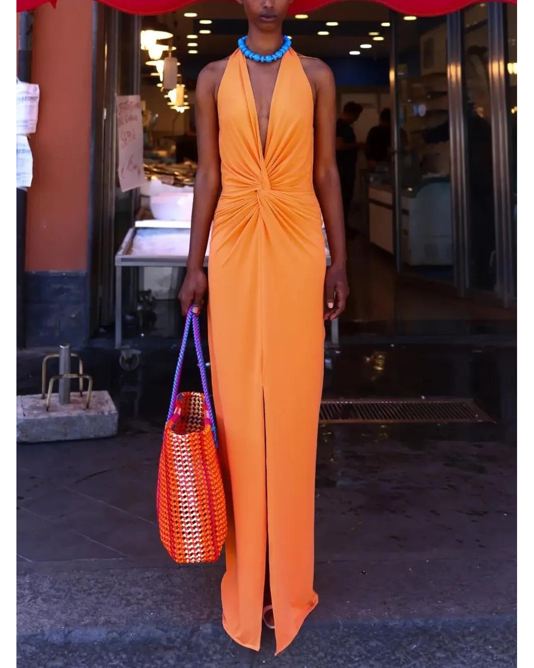 Baobab Orange Eleonora Maxi Knot-Detail Ruched Dress