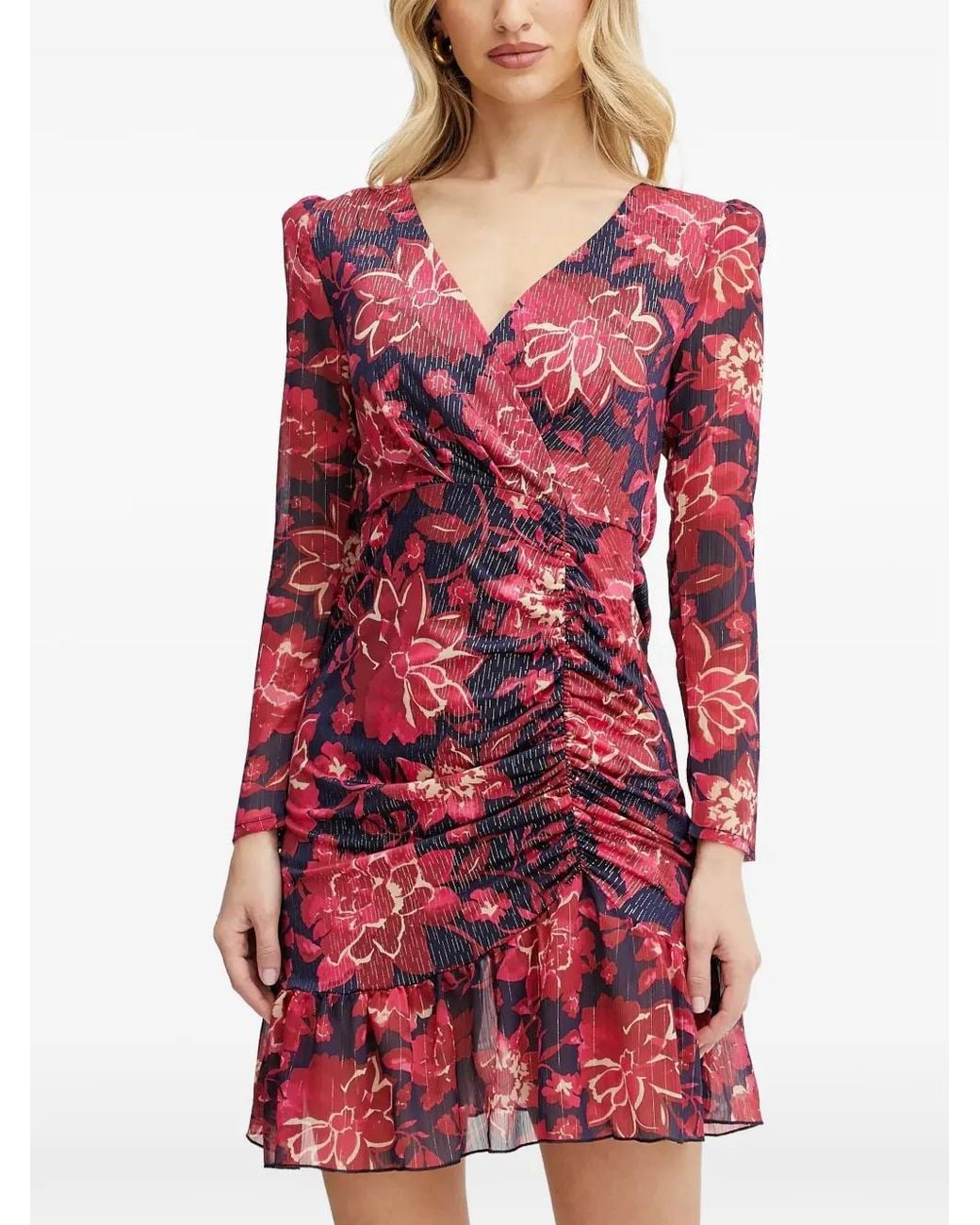 Morgan Red Floral-Print V-Neck Mini Dress