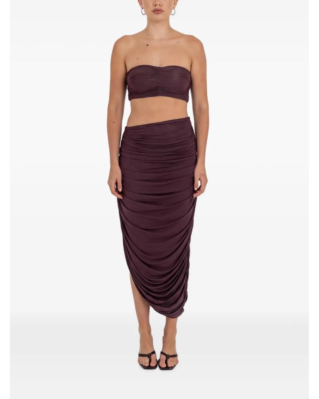 Maygel Coronel Red Caro Ruched Bandeau And Asymmetric Skirt Set