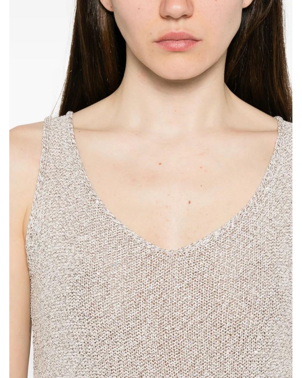 Panicale White Ribbed-Trim V-Neck Top