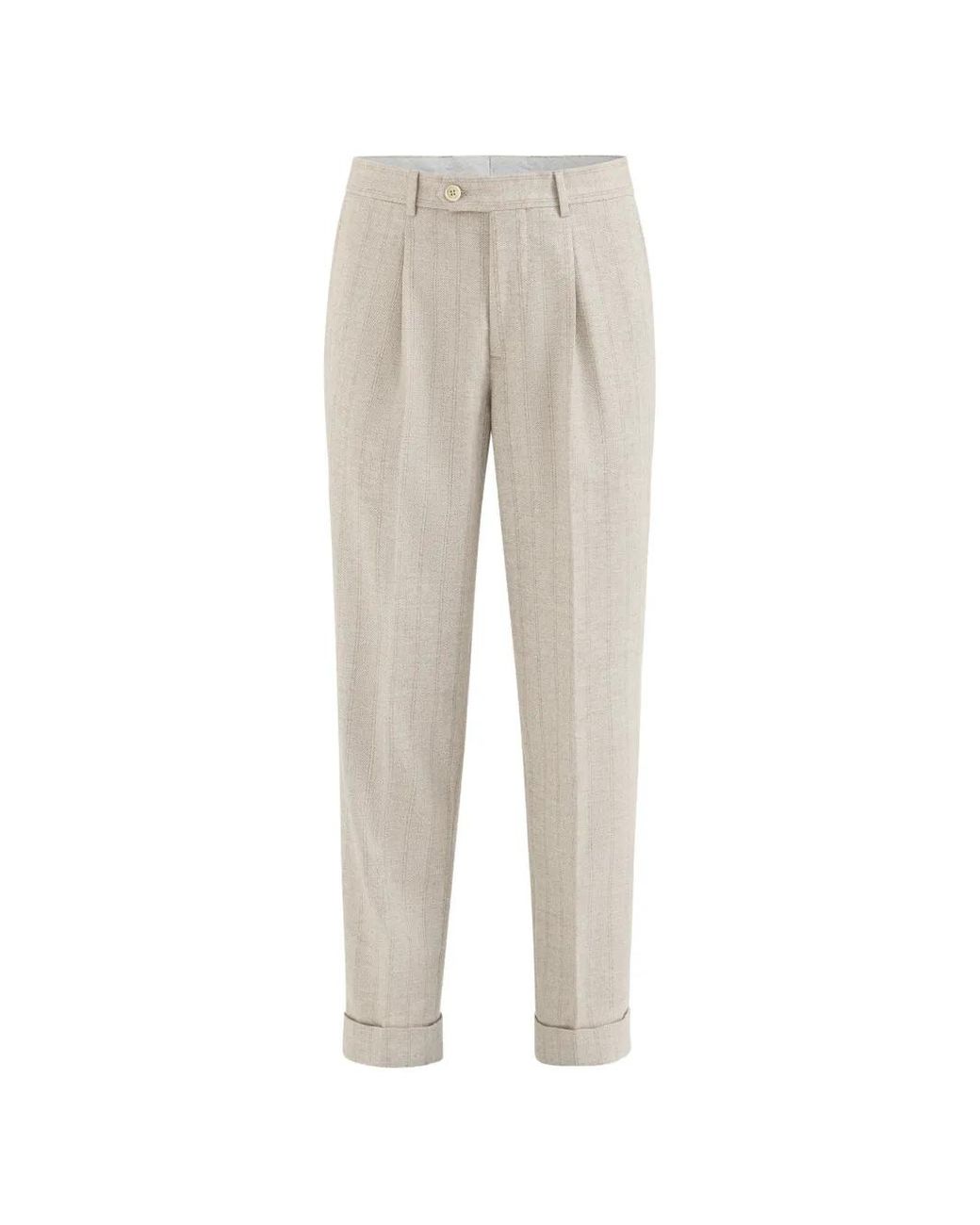 Brunello Cucinelli Natural Pinstripe Pleated Trousers for men