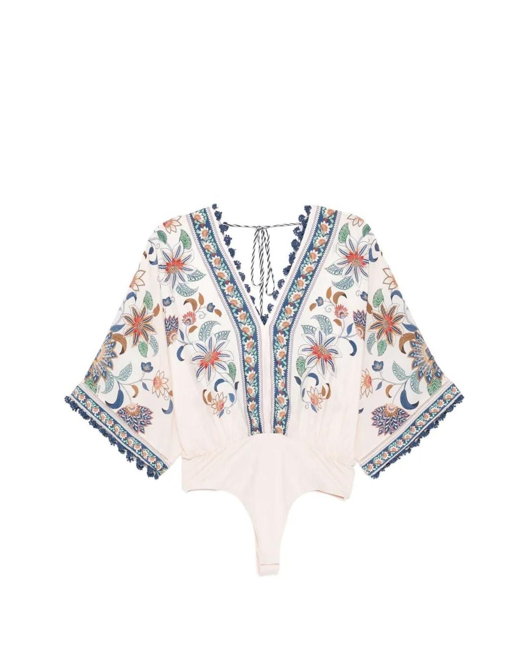 Farm Rio Natural Floral-Print V-Neck Blouse
