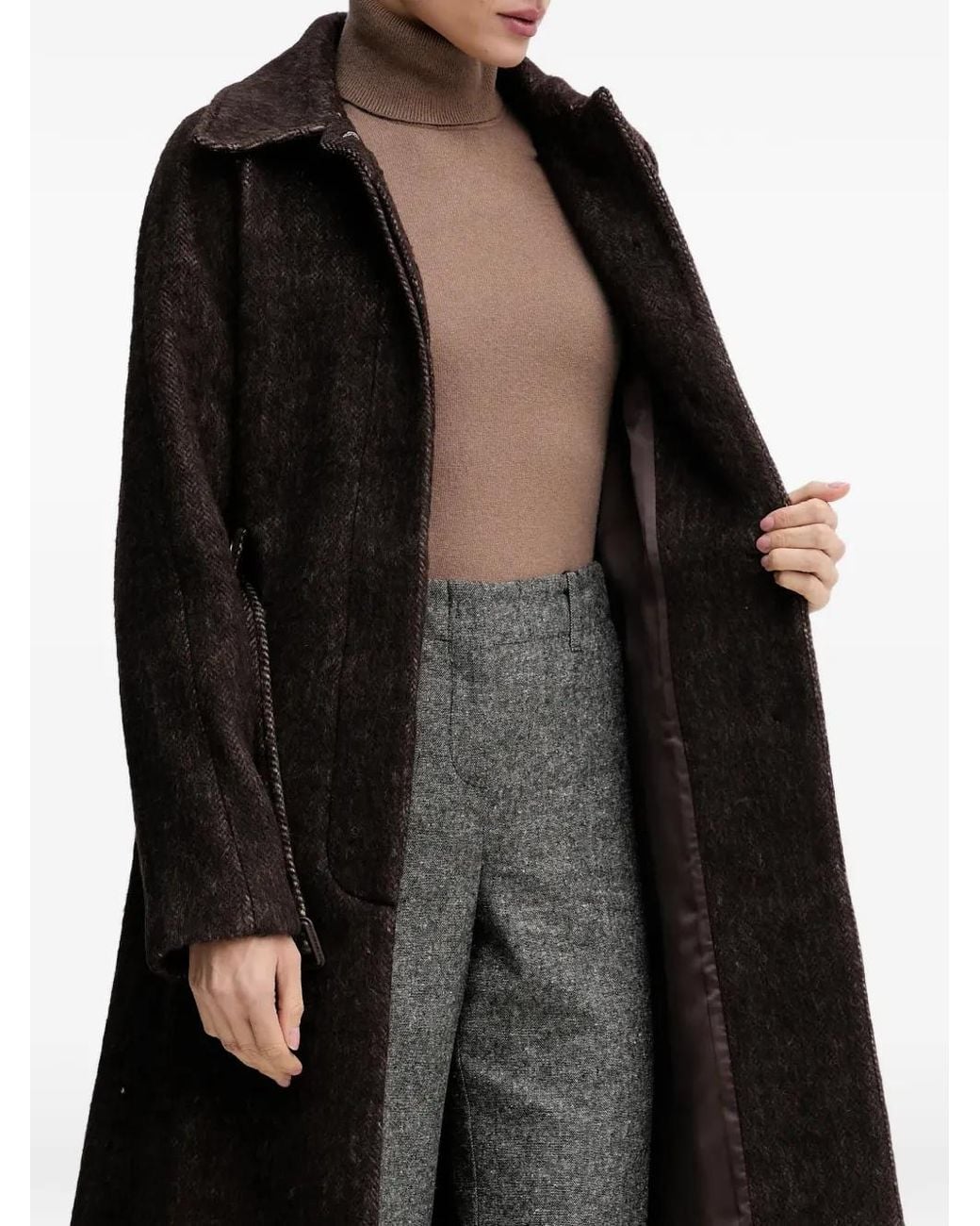 Sisley Black Belted Collared Single-Breasted Coat