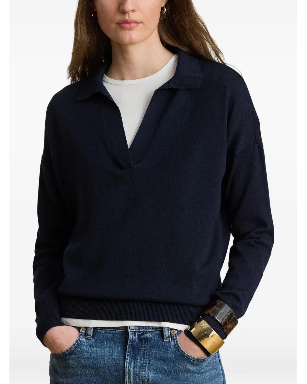 Ralph Lauren Blue Johnny-Collar Embroidered-Logo Sweater