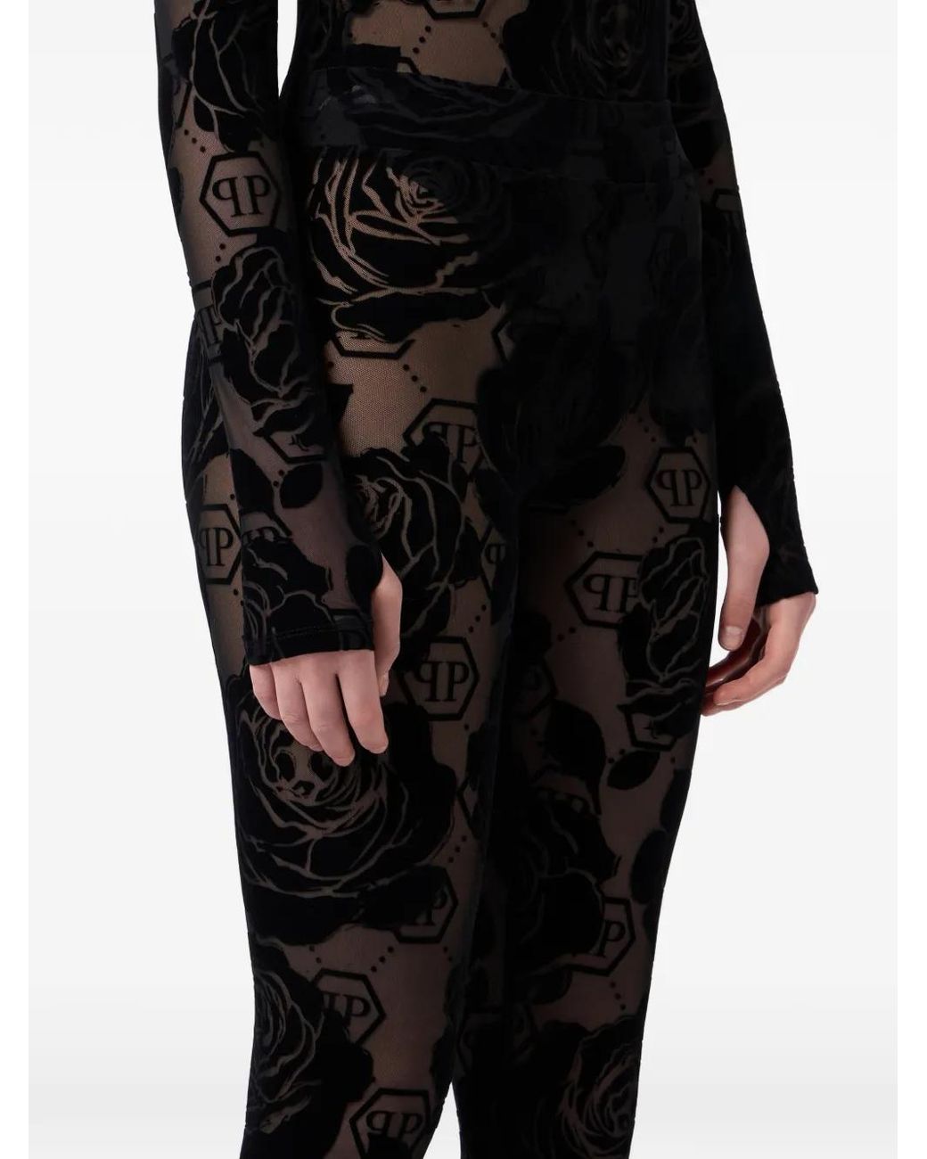 Philipp Plein Black Tulle Leggings Flock Flower Monogram
