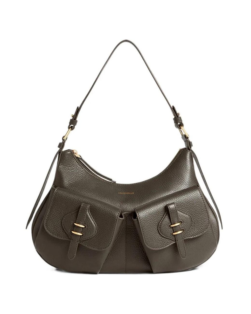 Coccinelle Gray Medium Pocket-Detail Pebbled Shoulder Bag