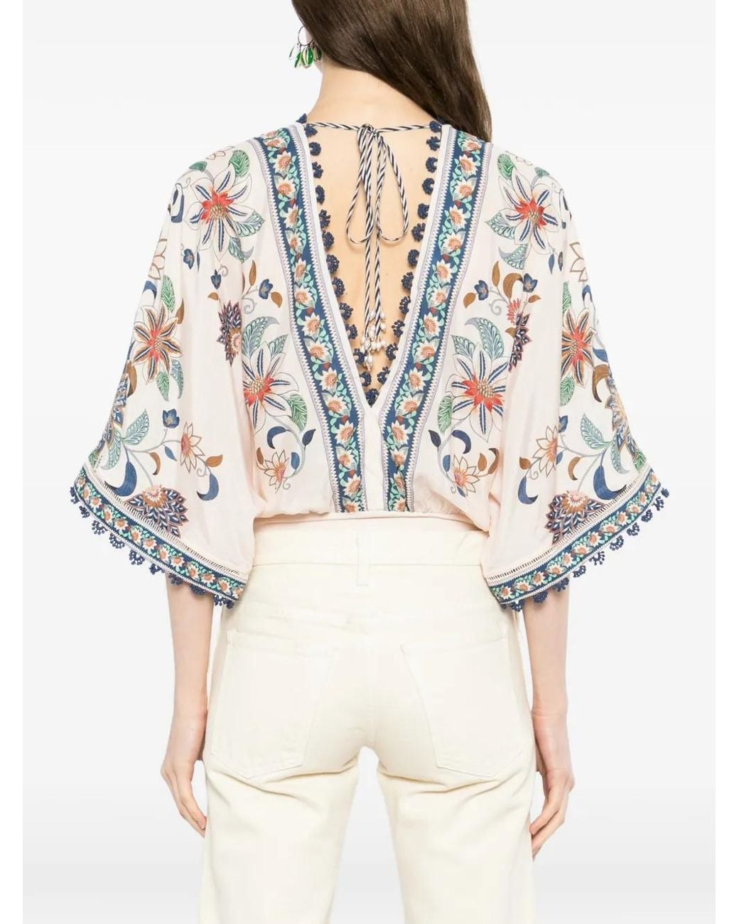 Farm Rio Natural Floral-Print V-Neck Blouse