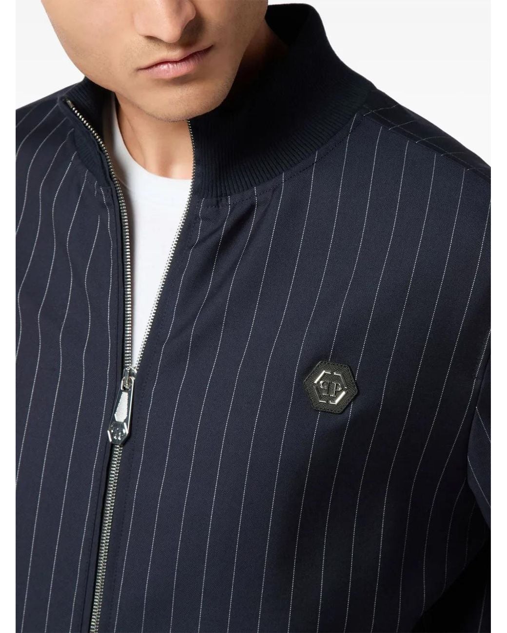 Philipp Plein Blue Pinstriped Bomber Jacket for men