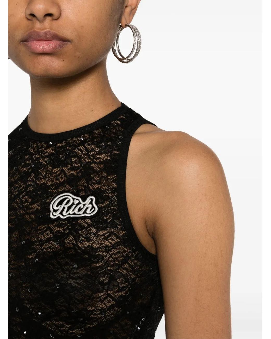 Alessandra Rich Black Cropped Lace Tank Top