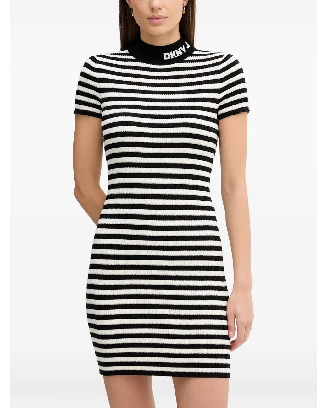 DKNY Black Striped Roll-Neck Dress