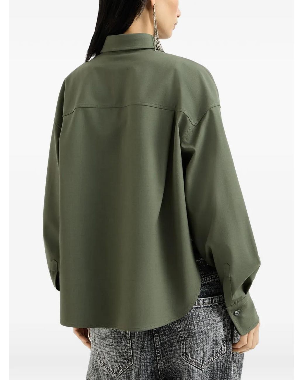 Brunello Cucinelli Green Tropical Wool Shirt With Shiny Tab