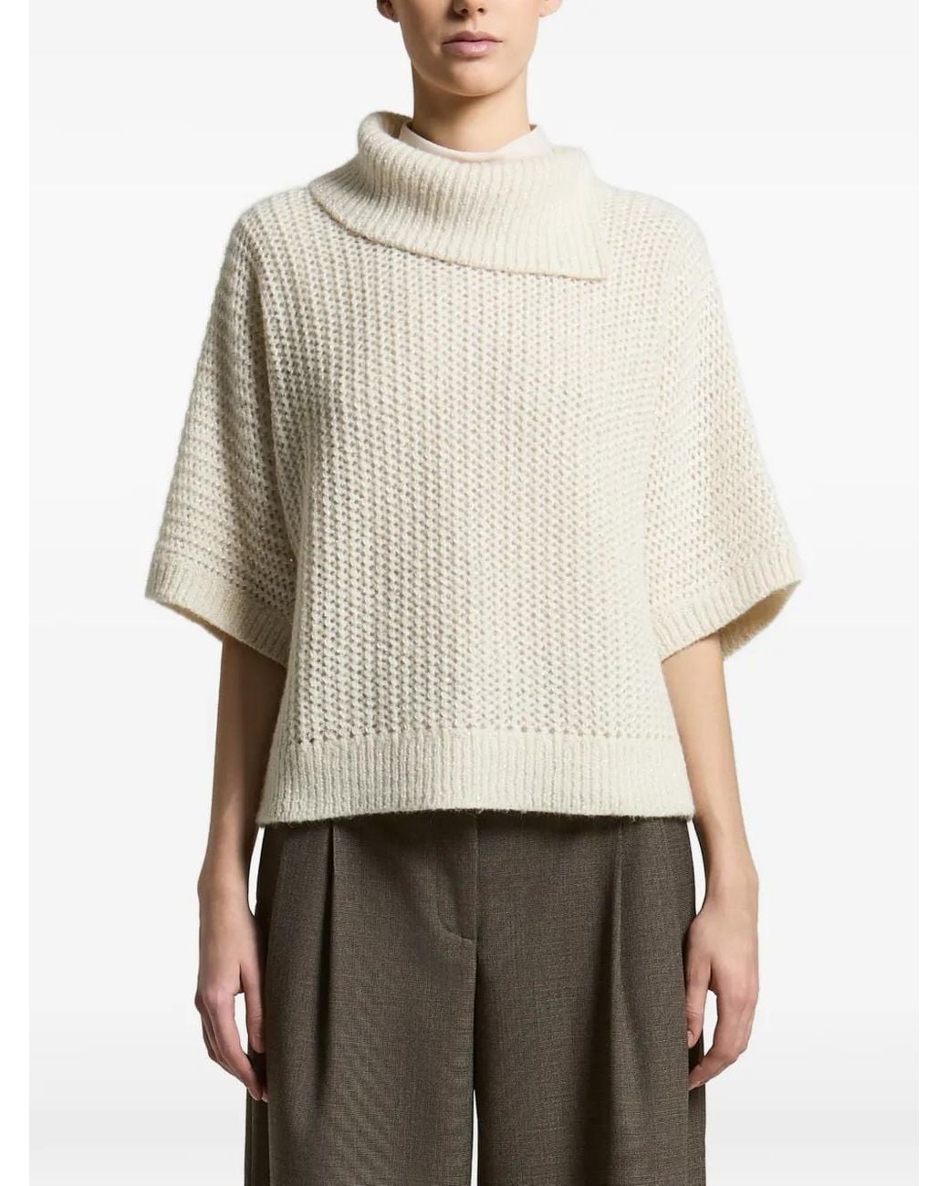 Peserico Natural Waffle-Knit Funnel-Neck Sweater
