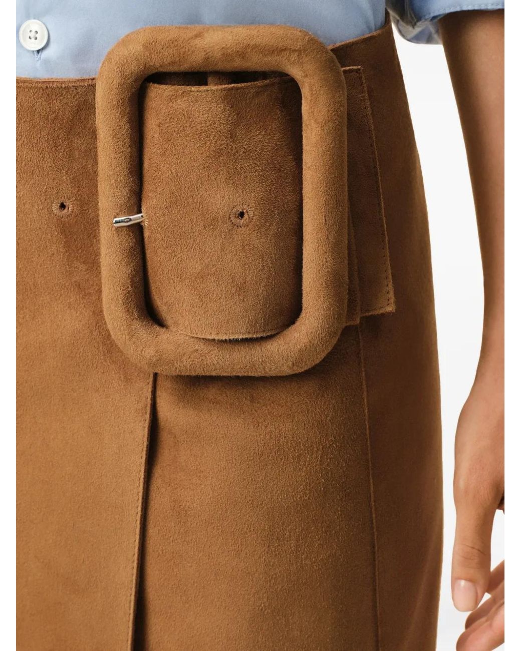 AMI Brown Goat Leather Big Buckle Belted Midi Skirt