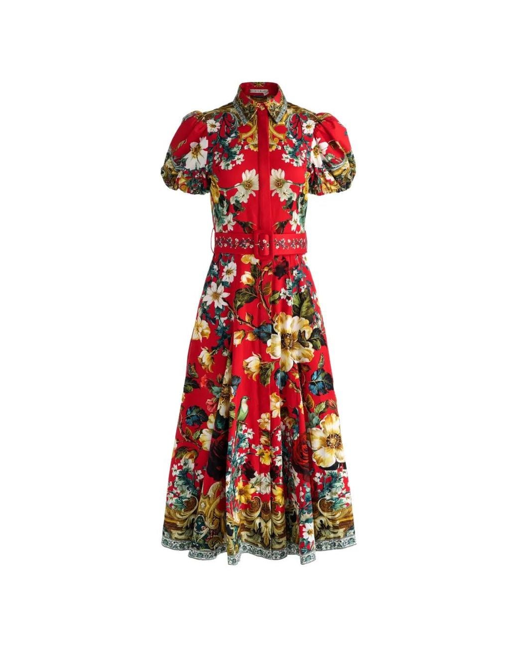 Alice + Olivia Henrietta Floral-Print Belted Midi Dress in Red | Lyst