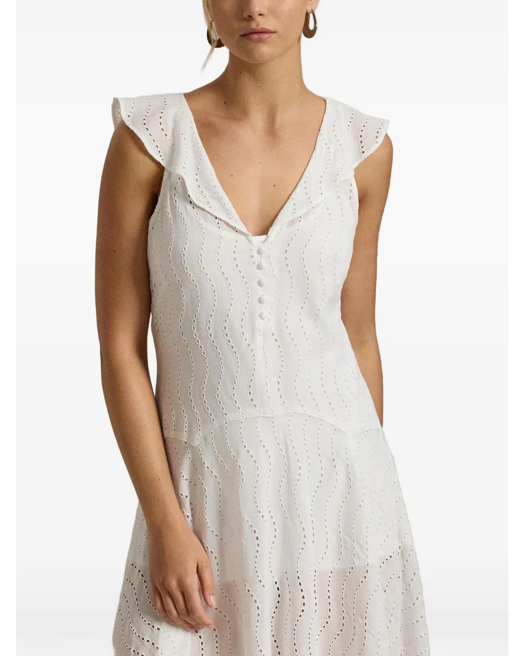 Polo Ralph Lauren White Ruffled V-Neck Midi Dress