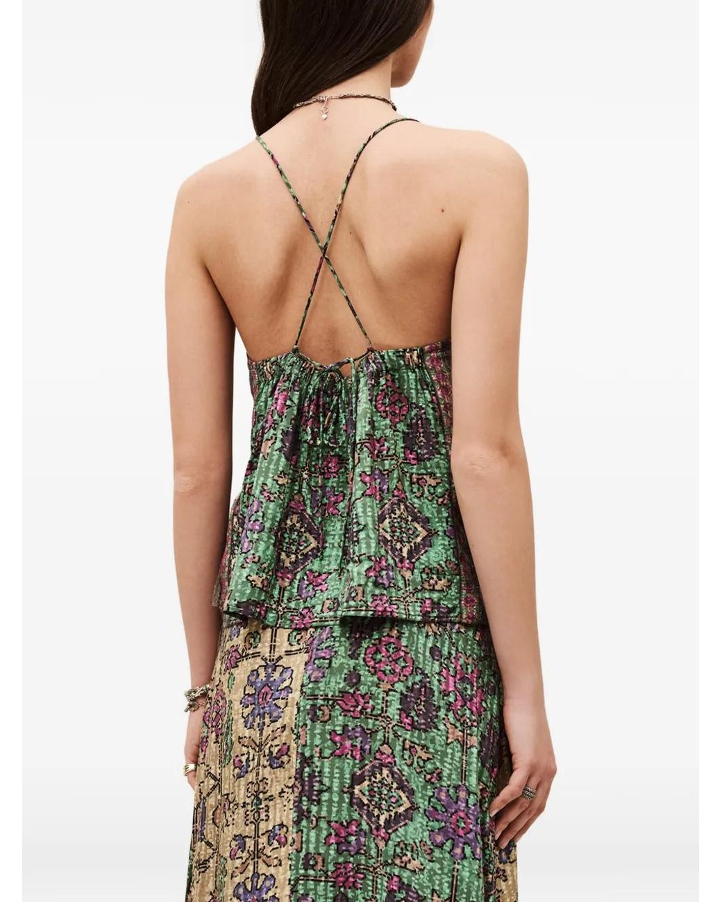 Ba&sh Green Pamela Geometric-Print Crossover-Strap Top