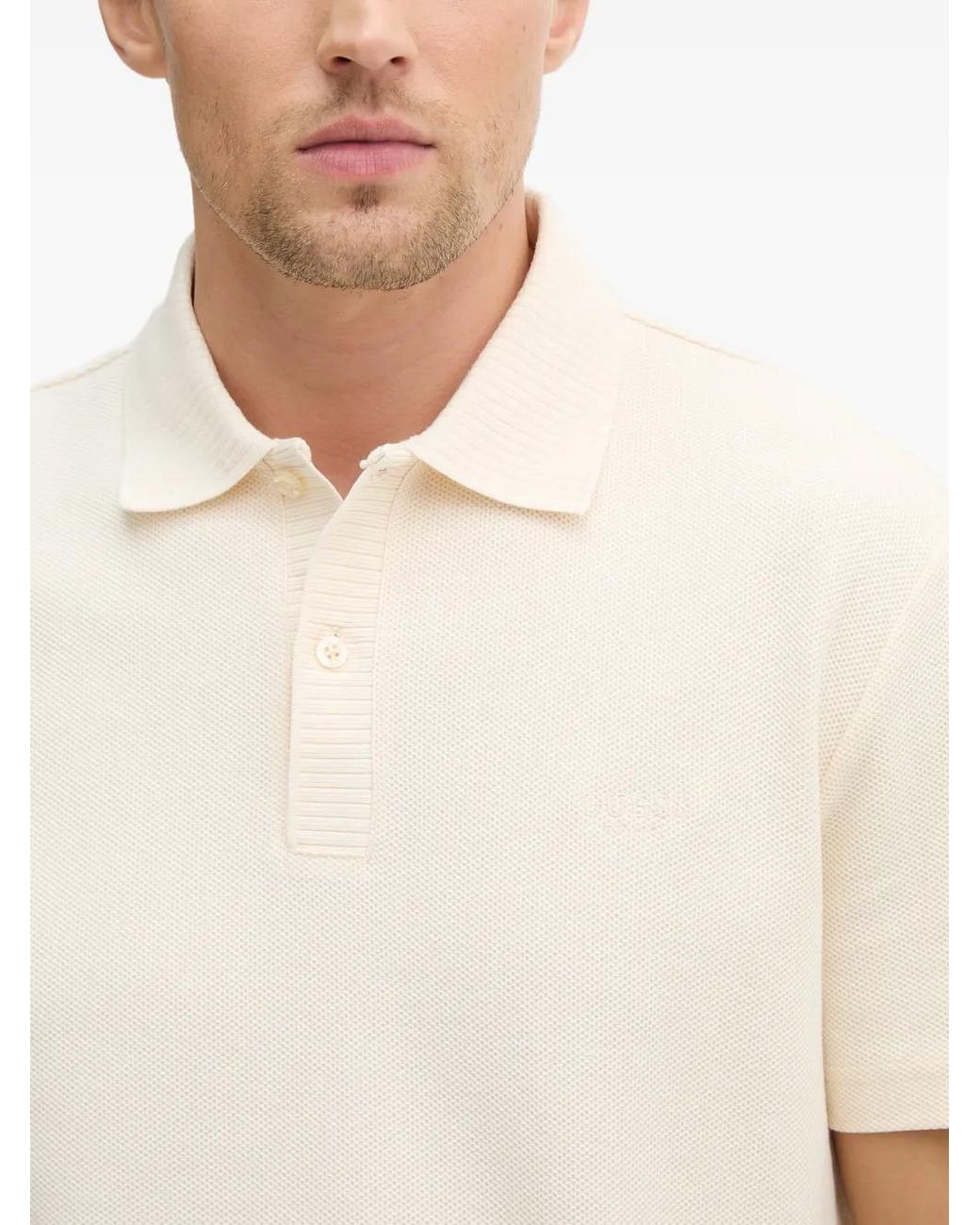 Guess White Ribbed-Trim Piqué Polo Shirt for men