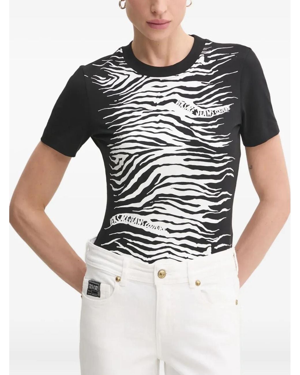 Versace Jeans Couture Black Zebra-Print Short-Sleeved Top