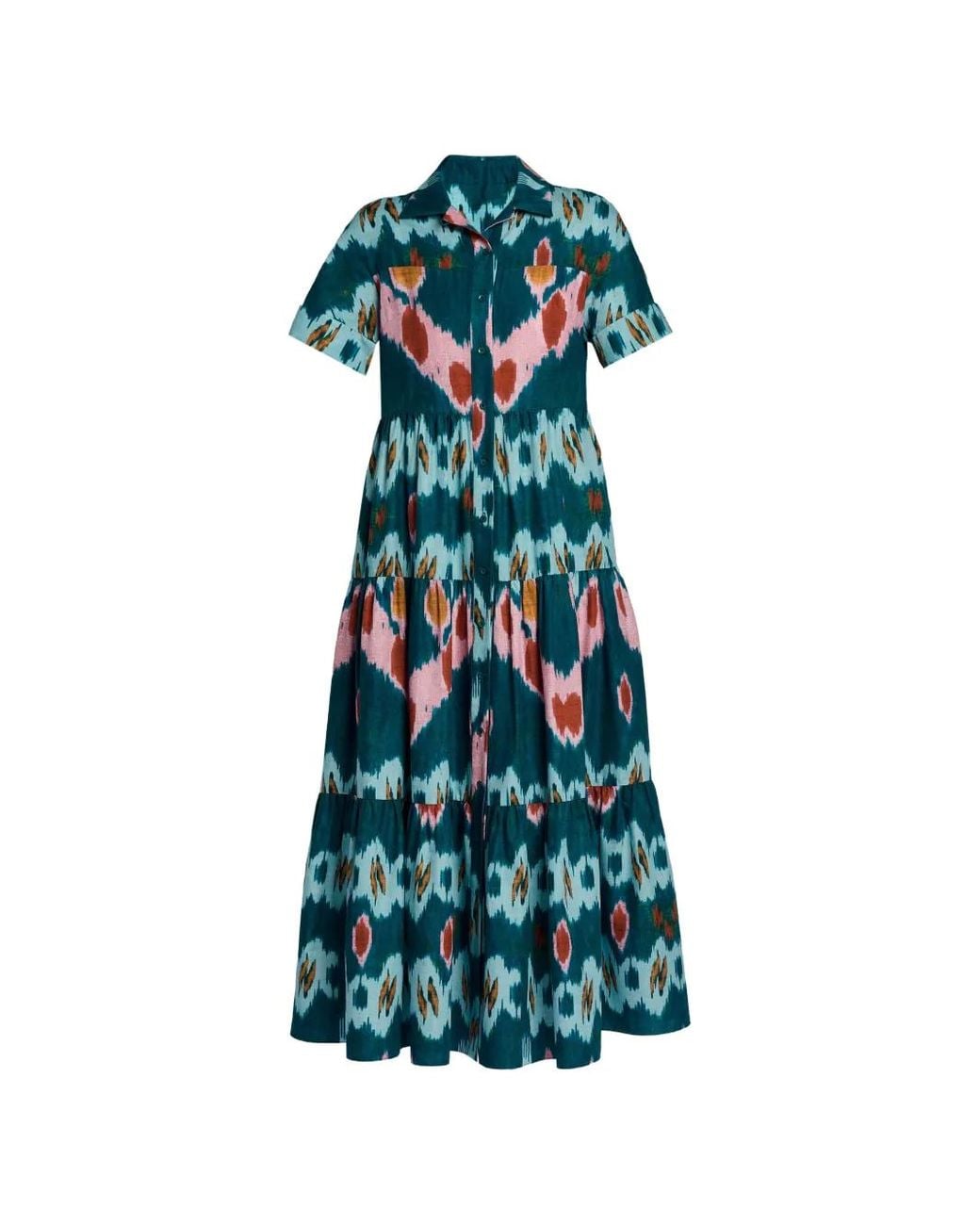 Erdem Blue Ikat-Print Tiered A-Line Maxi Shirt Dress