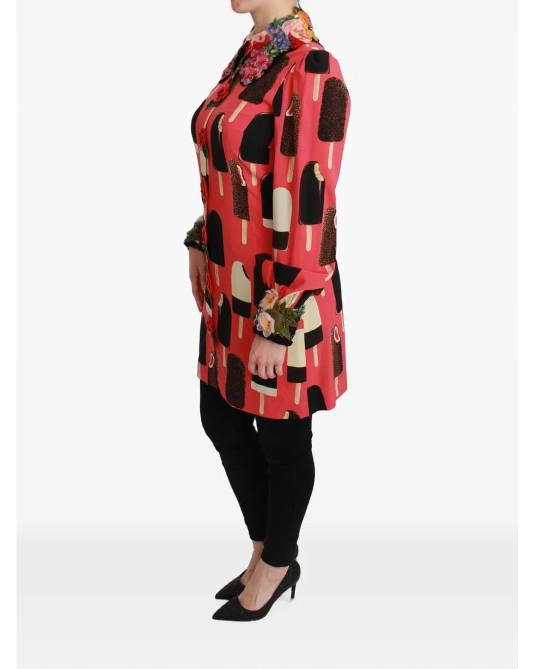 Dolce & Gabbana Red Ice Cream-Print Floral-Appliqué Dress