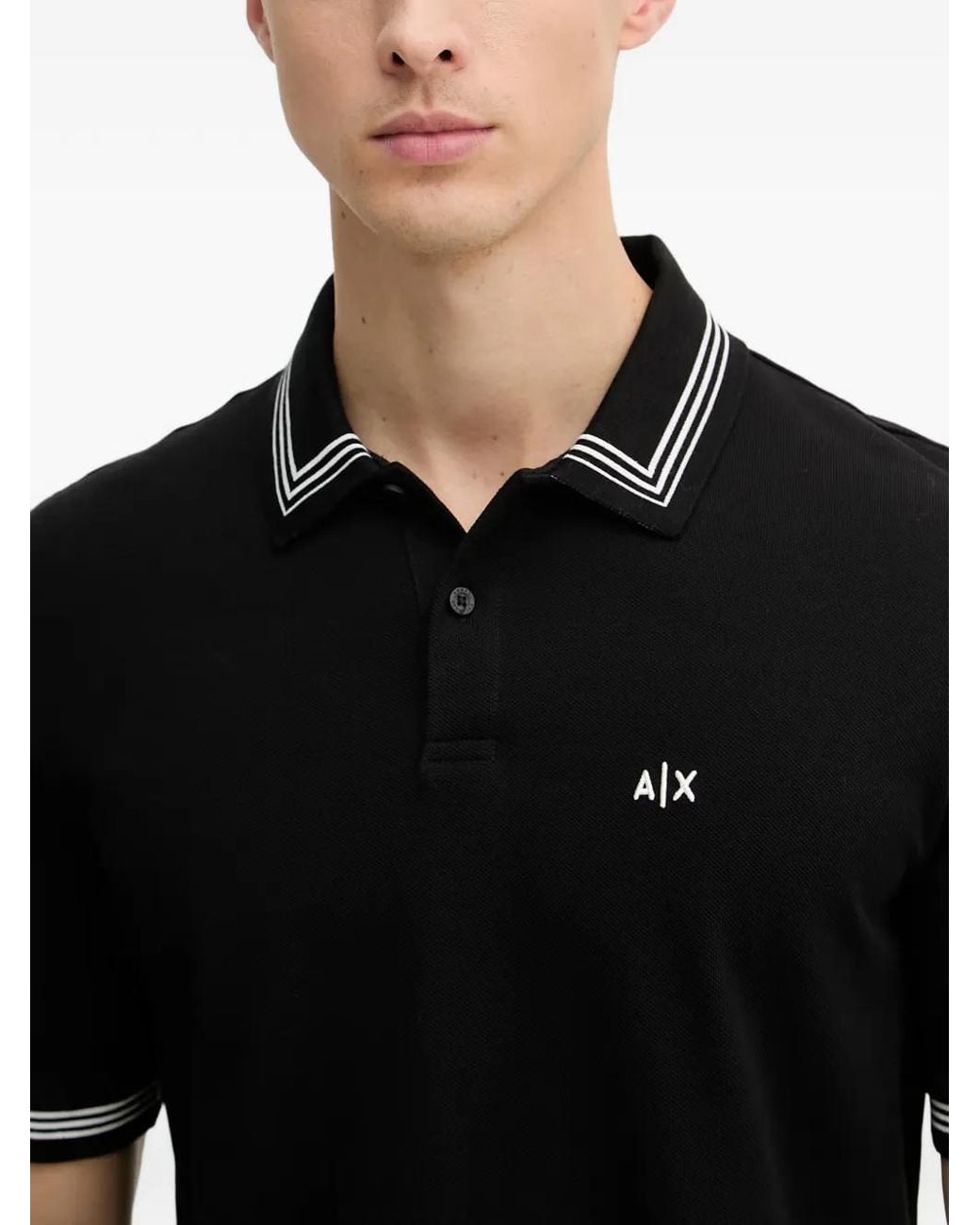 ARMANI EXCHANGE Black Striped-Trim Logo-Print Polo Shirt for men