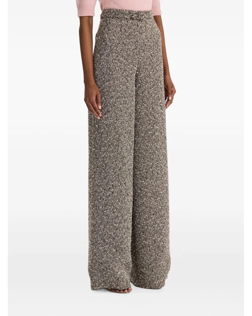 Oscar de la Renta Natural Slubby-Tweed Wide-Leg Trousers