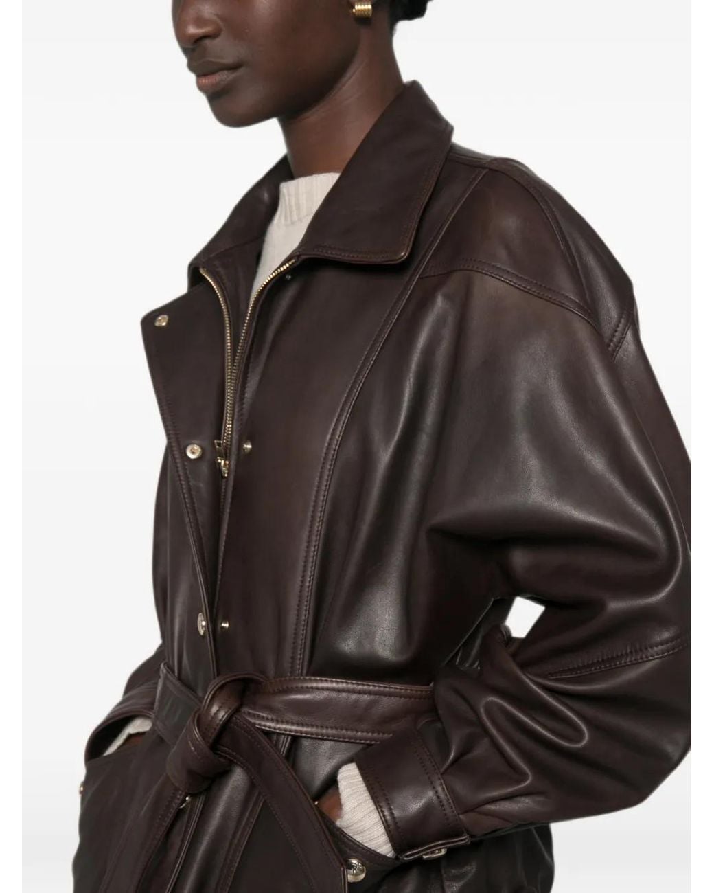 Maje Brown Belted Leather Jacket