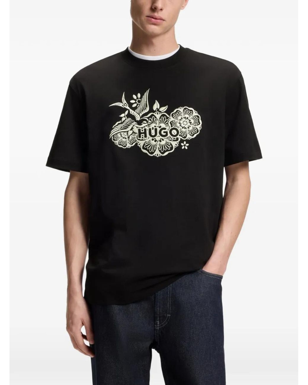 HUGO Black Cotton-Jersey T-Shirt With Embroidered Artwork for men