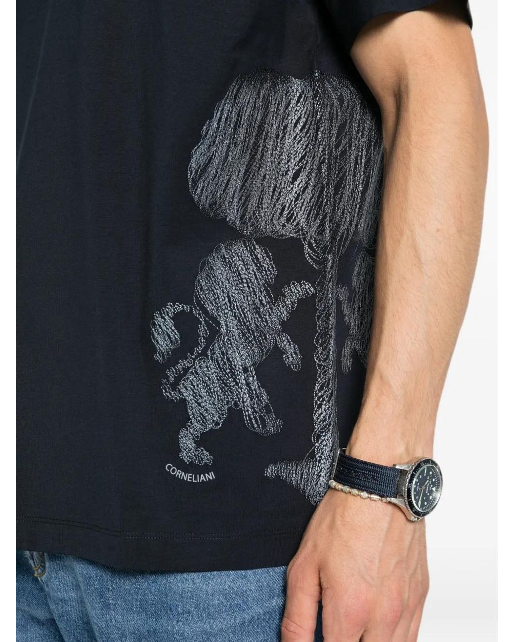 Corneliani Black Tree-Embroidered T-Shirt for men