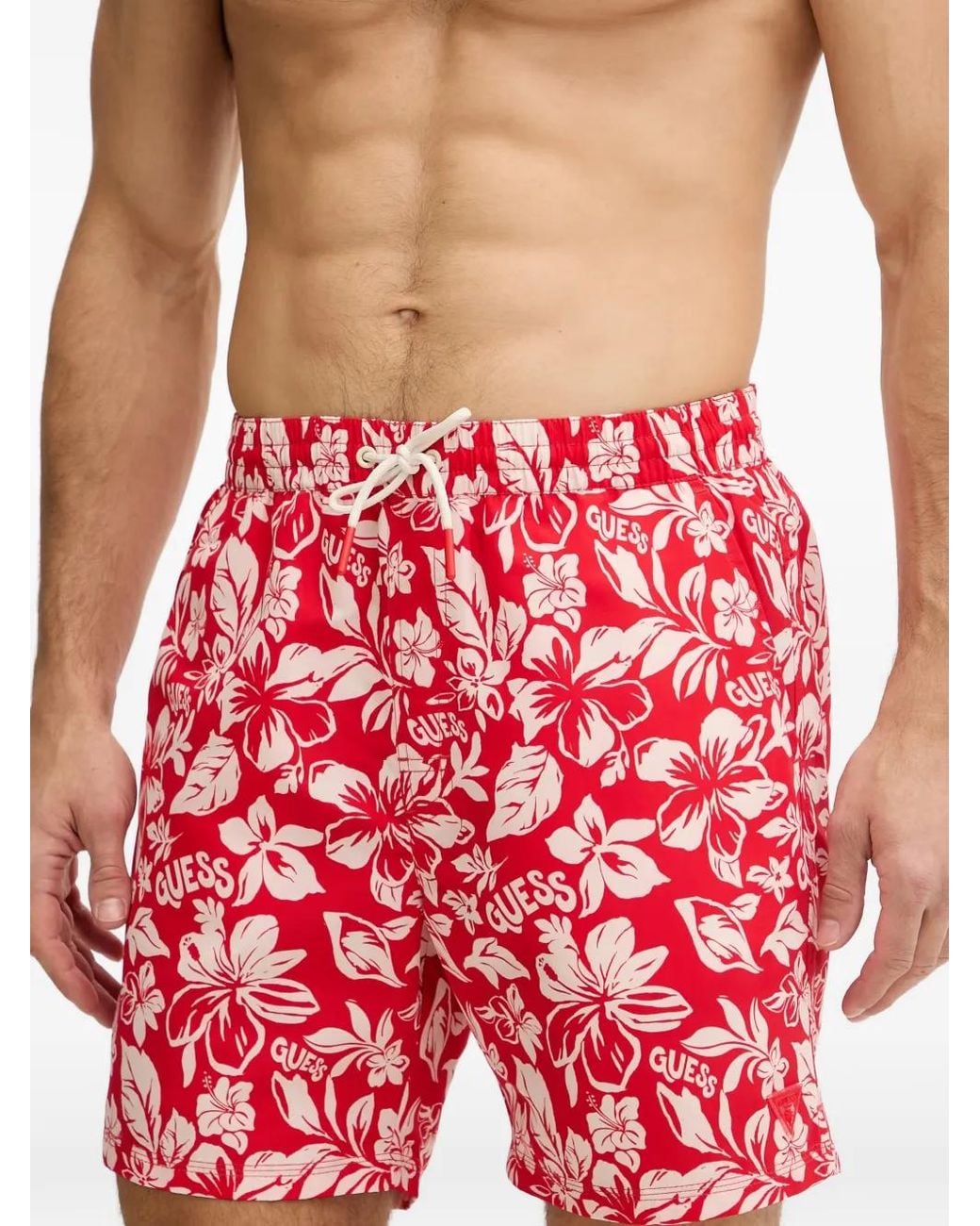 Guess Red Floral-Print Swim Shorts for men