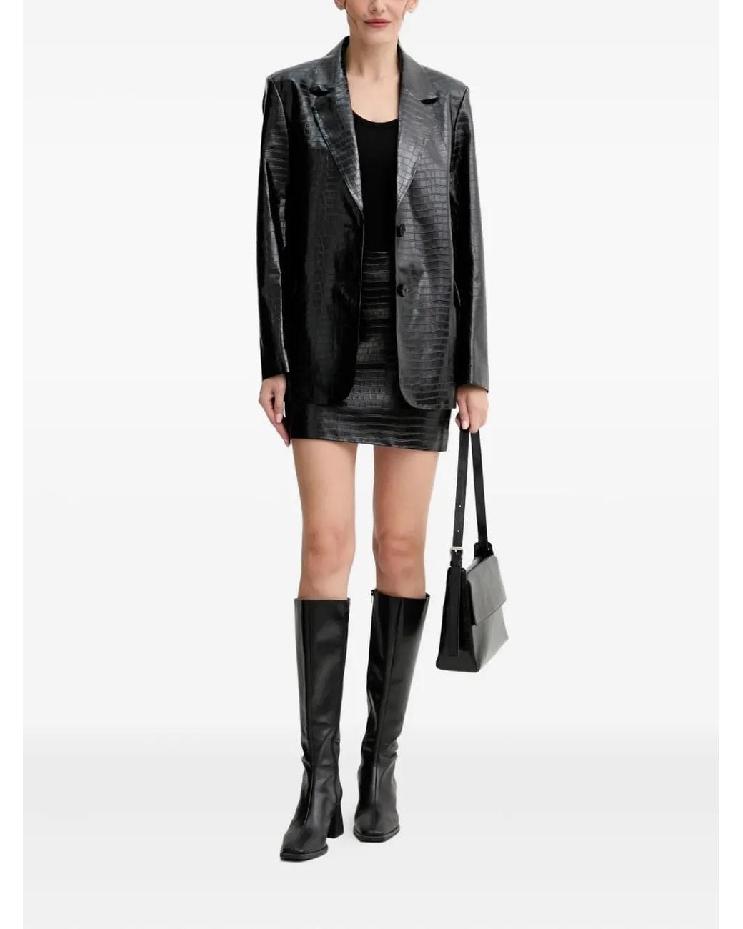 Isabelle Blanche Black Crocodile-Embossed Button-Up Blazer