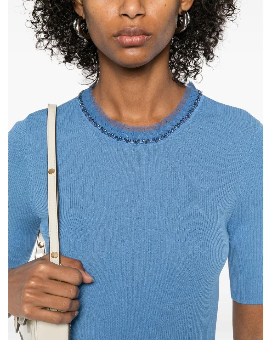 P.A.R.O.S.H. Blue Bead-Embellished T-Shirt