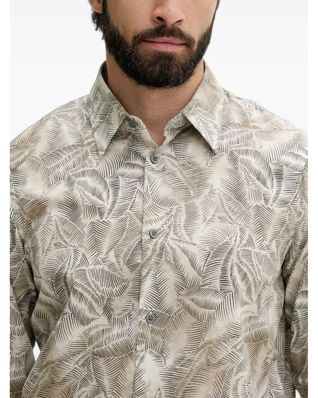 ARMANI EXCHANGE Gray Leaf-Print Long-Sleeved Shirt for men