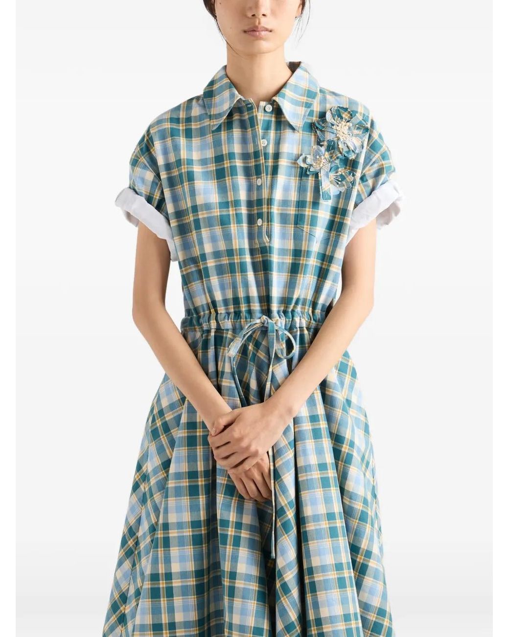 Prada Blue Embroidered Checked Cotton Dress