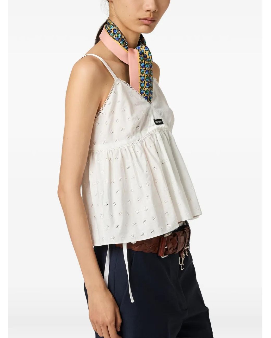 Miu Miu White Slubbed Eyelet Poplin Top