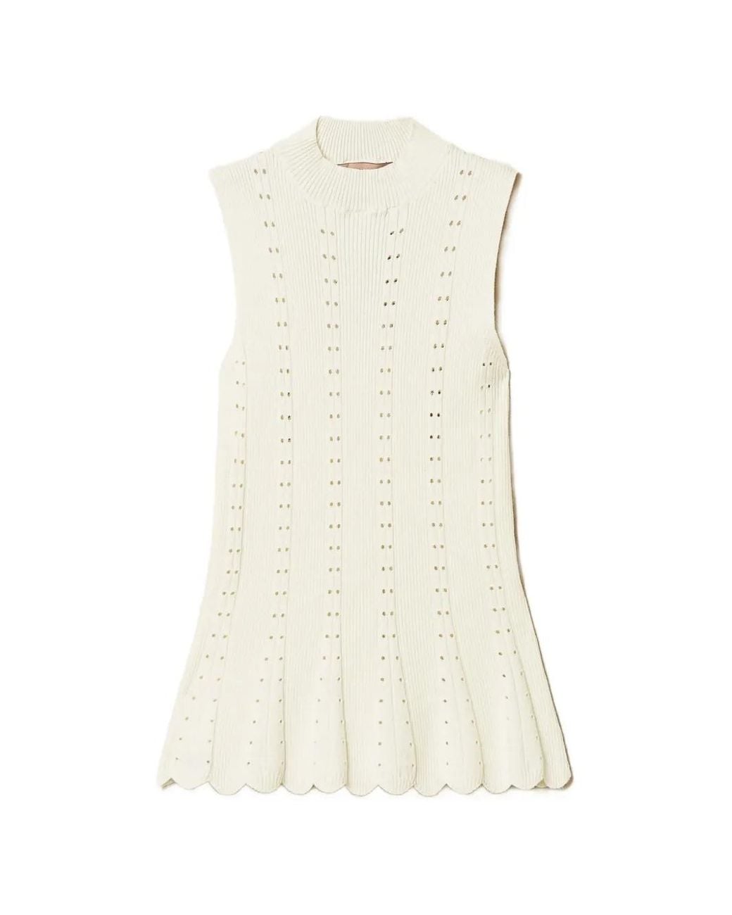 Twinset White Turtle-Neck Knit Top With Scalloped Hem
