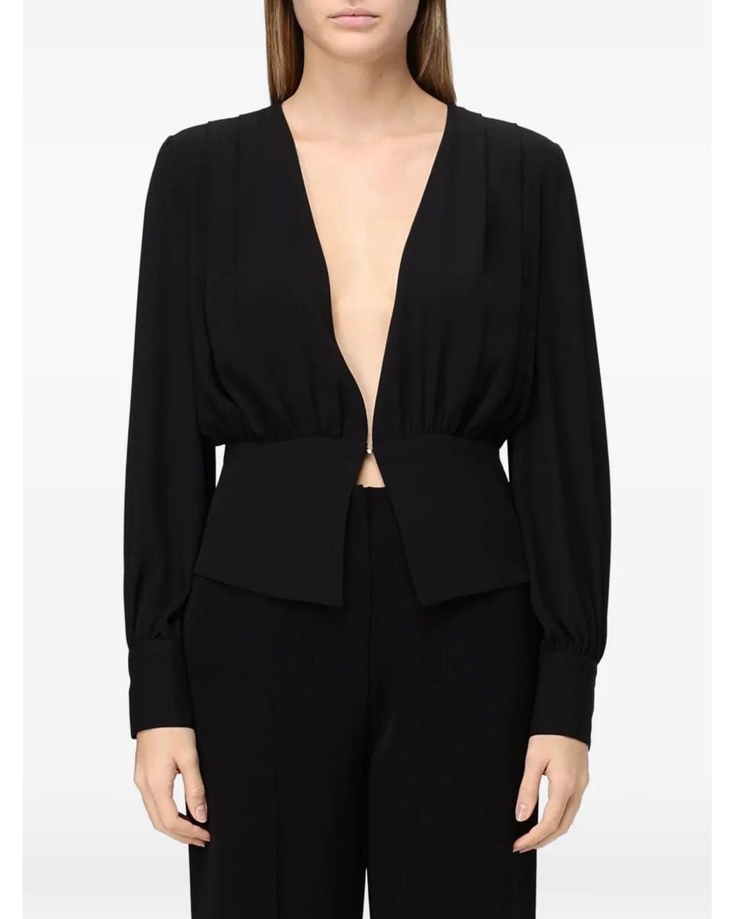 Hanita Black Plunging V-Neck Gathered Blouse