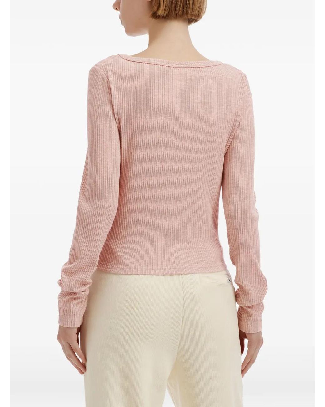 Chocoolate Pink Ribbed-Knit Heart-Motif Long-Sleeved Cropped T-Shirt