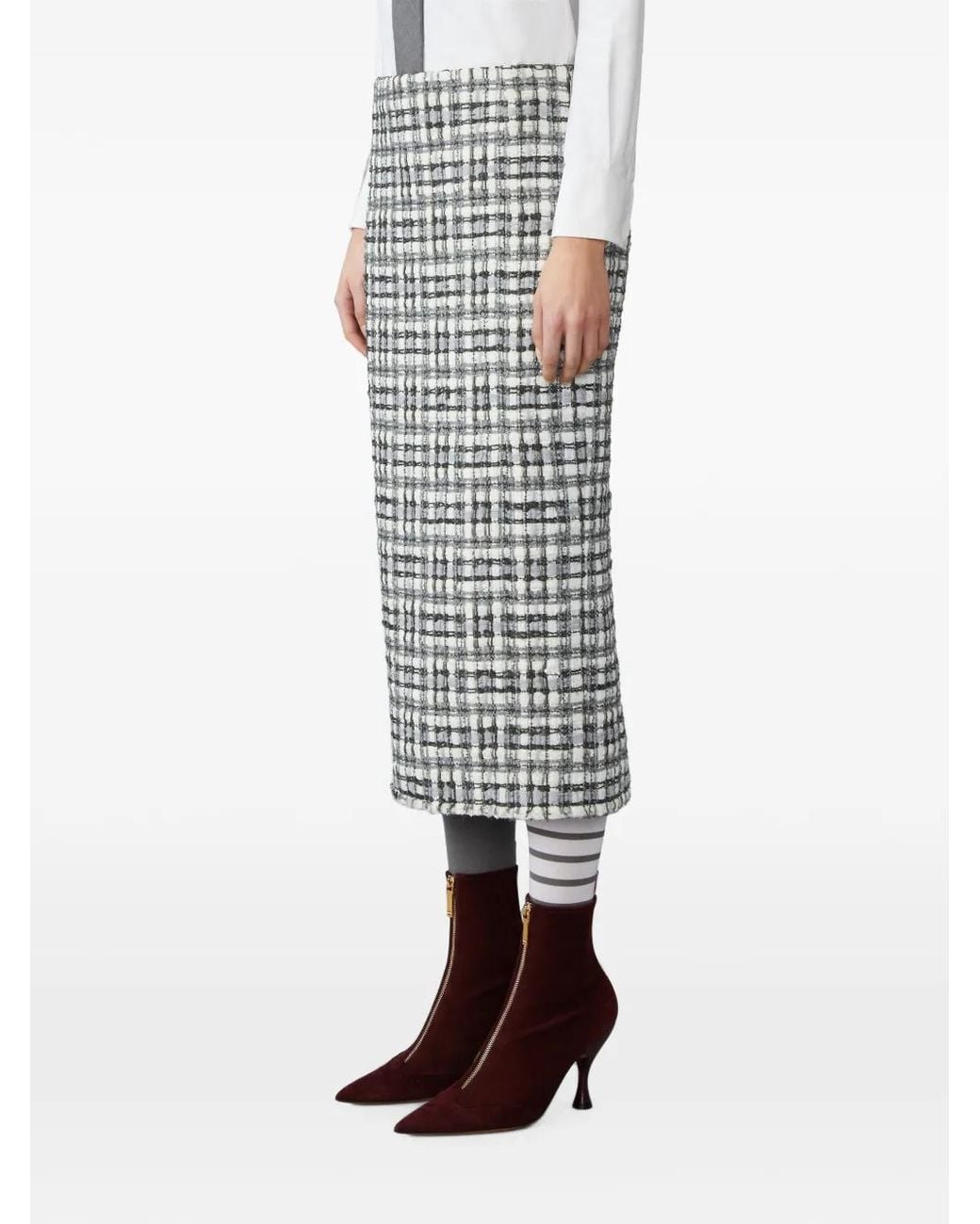 Thom Browne White Sheer Organza Ribbon Tweed Pencil Skirt With Fray Edge