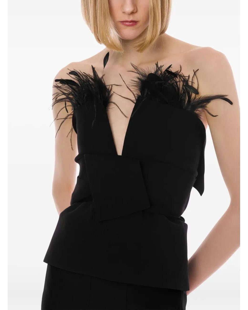 Alberta Ferretti Black Feather-Trimmed Top