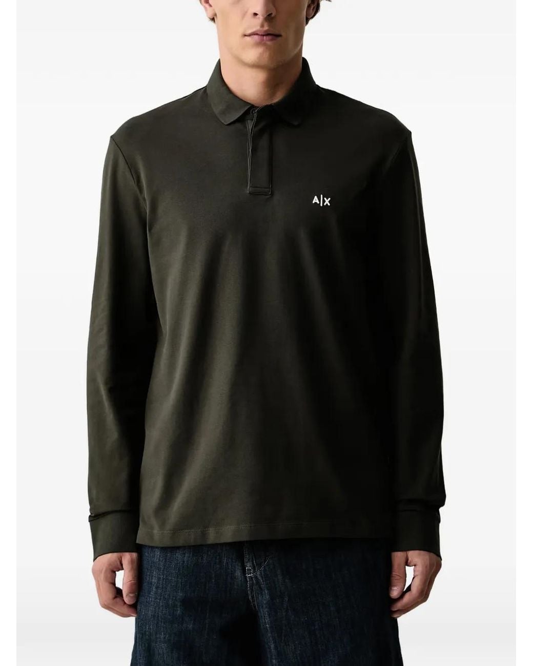 ARMANI EXCHANGE Black Logo-Embroidered Long-Sleeve Polo Shirt for men
