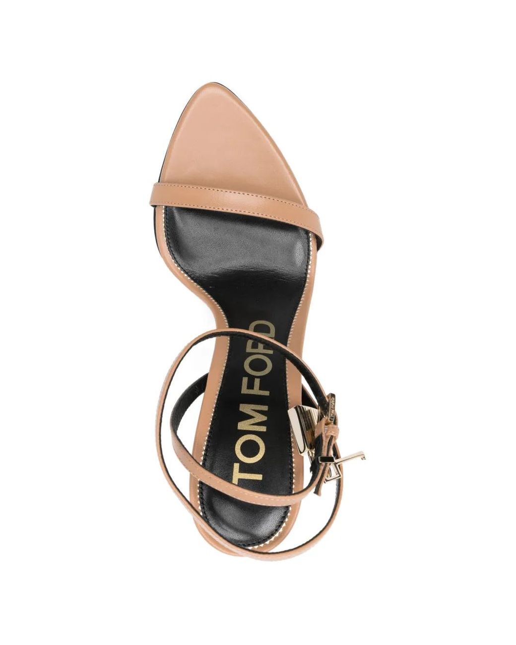 Tom Ford White Rum-Colored Shiny Leather Padlock Sandals With Golden Metal Padlock And Spike Heel