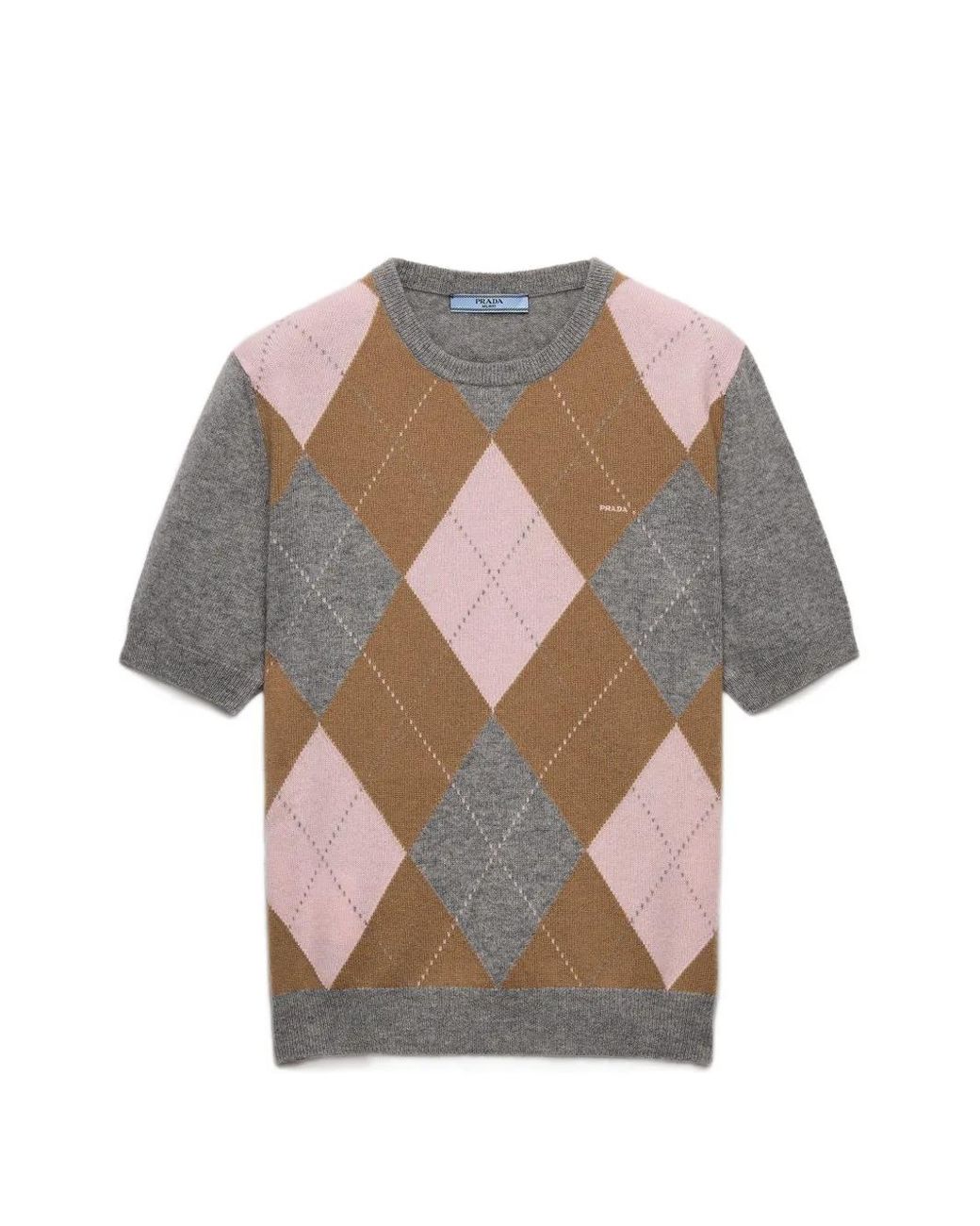 Prada Gray Short-Sleeved Argyle Cashmere Sweater
