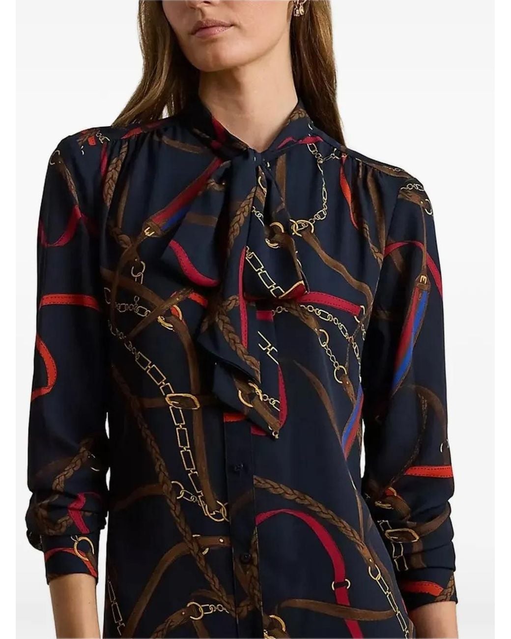 Ralph Lauren Black Chain Print Tie Neck Midi Dress