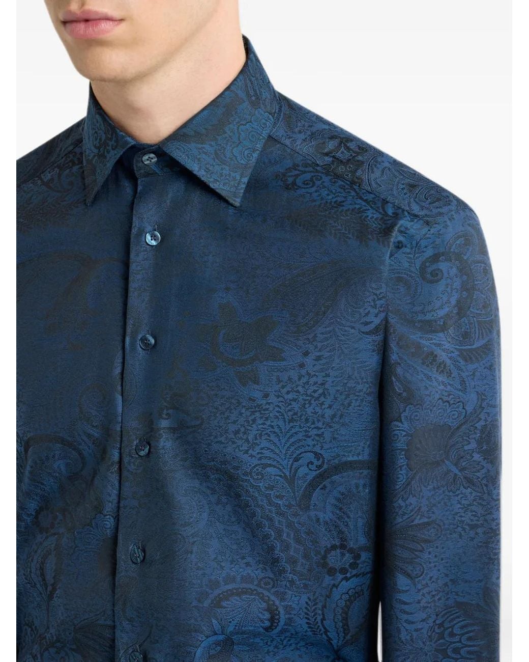 Etro Blue Cotton Jacquard Shirt With Paisley Foliage-Motif for men