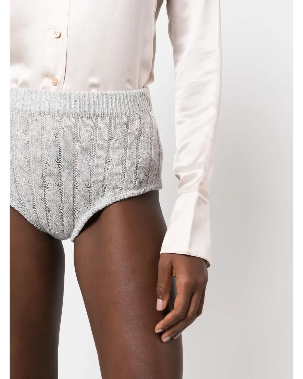 Brunello Cucinelli White Sequin-Detail Knitted Mini Shorts