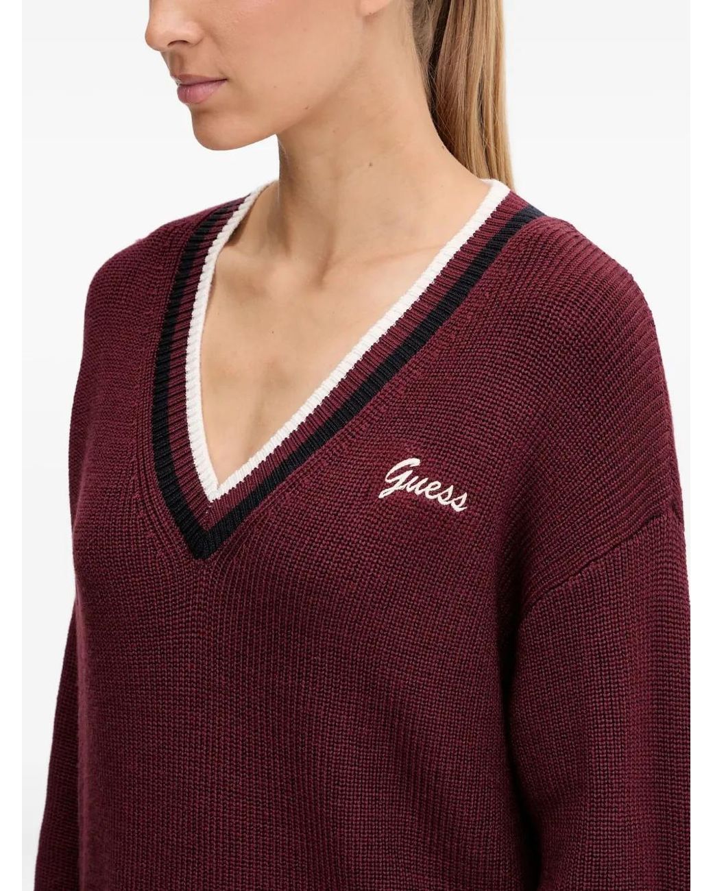 Guess Red V-Neck Striped Sweater
